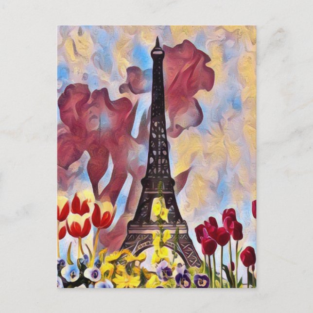 Eiffel Tower, Paris Iris, Tulips Spring Flowers Postcard (Front)