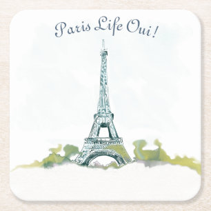Eiffel Tower Paris Pen and Ink Watercolor Sketch Square Paper Coaster