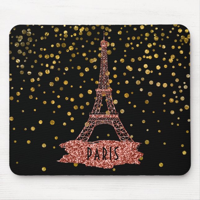 Eiffel Tower Paris | Rose Gold Glam Confetti Dots Mouse Pad (Front)