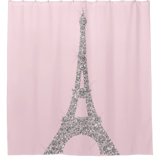 Eiffel Tower Paris Silver Pink Swarovski Crystals Shower Curtain (Front)