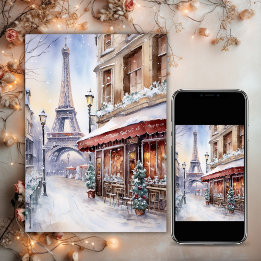 Eiffel Tower, Paris Street Watercolor Christmas Holiday Card