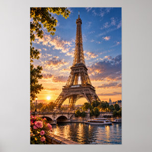 Eiffel Tower Paris Sunset Seine River Wall Art