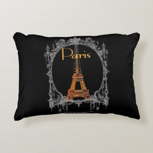 Eiffel Tower Paris Text Black Background Decorative Cushion