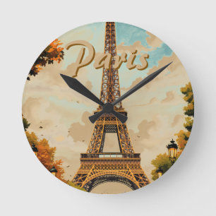 Eiffel Tower Paris Travel Vintage Style Retro Art Round Clock
