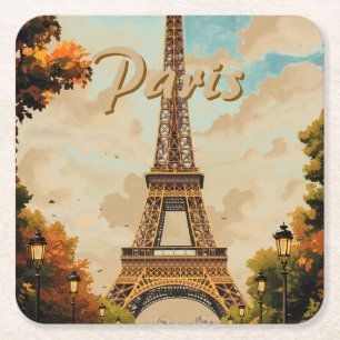 Eiffel Tower Paris Travel Vintage Style Retro Art Square Paper Coaster