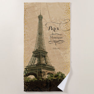 Eiffel Tower Paris Vintage Map Gold Dots Monogram Beach Towel