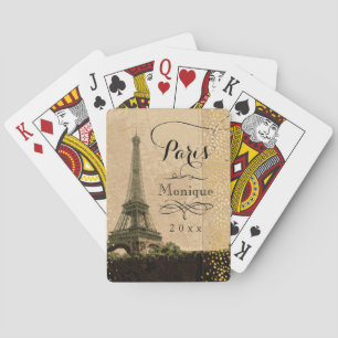 Eiffel Tower Paris Vintage Map Gold Dots Monogram Playing Cards