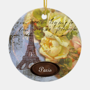 Eiffel Tower Paris Yellow Roses Christmas Ornament
