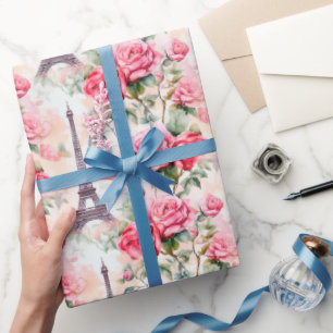 Eiffel Tower Pattern, Paris Chic French Roses Wrapping Paper