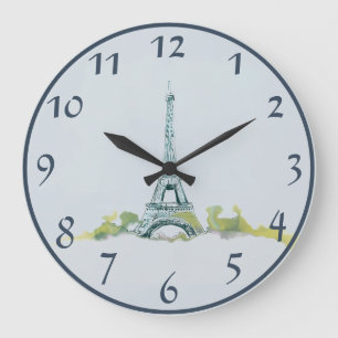 Eiffel Tower Pen and Ink Sketch on Grey/Blue Large Clock