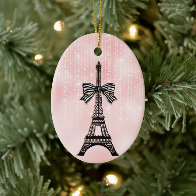 Eiffel Tower Pink and Black Christmas Ceramic Ornament (Tree)