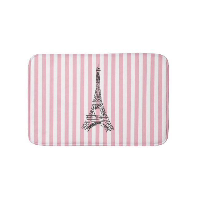 Eiffel Tower Pink and White Stripe Bath Mat (Front)
