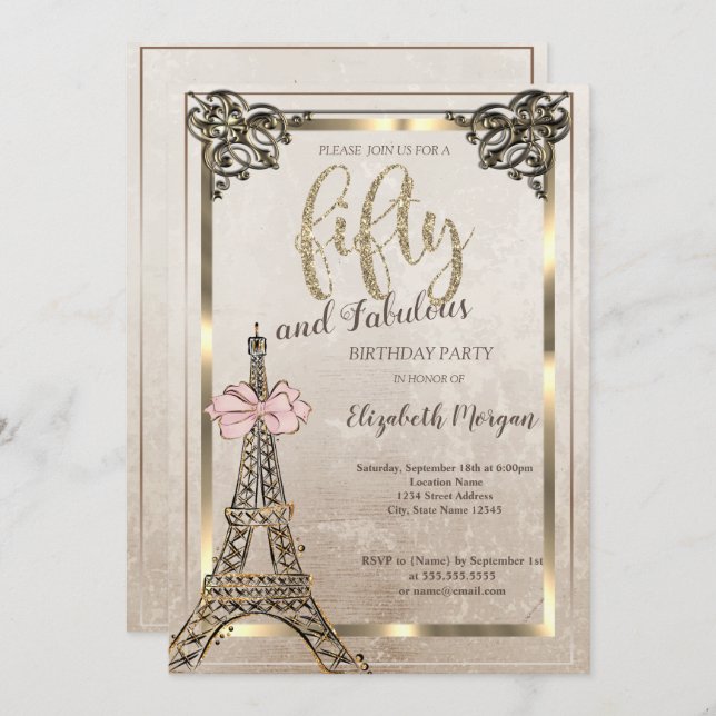 Eiffel Tower,Pink Bow Border 50th Birthday Party  Invitation (Front/Back)