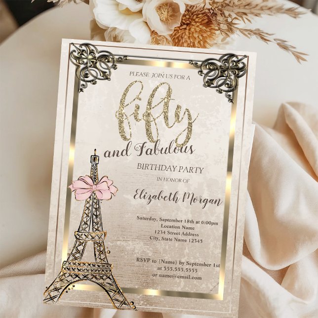 Eiffel Tower,Pink Bow Border 50th Birthday Party  Invitation (Creator Uploaded)