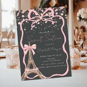 Eiffel Tower Pink Bow Dots Gray Sweet 16 Invitation