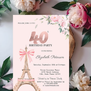 Eiffel Tower Pink Bow Flowers 40th Birthday Invitation