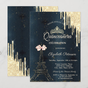 Eiffel Tower Pink Bow Tiara,Drips Blue Quinceañera Invitation