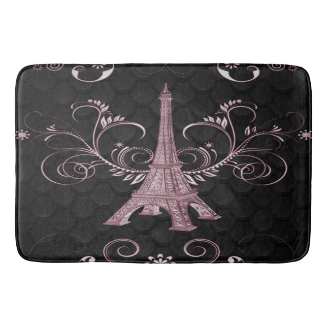 Eiffel Tower Pink Floral Swirls Bath Mat (Front)