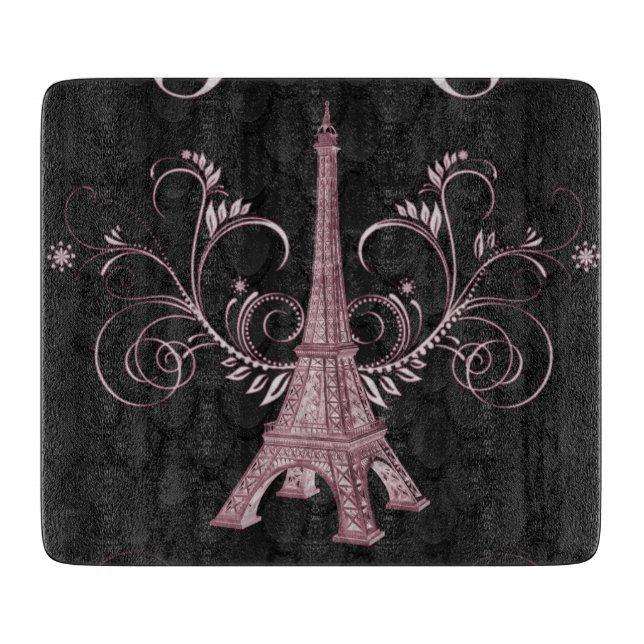 Eiffel Tower Pink Floral Swirls Cutting Board (Front)
