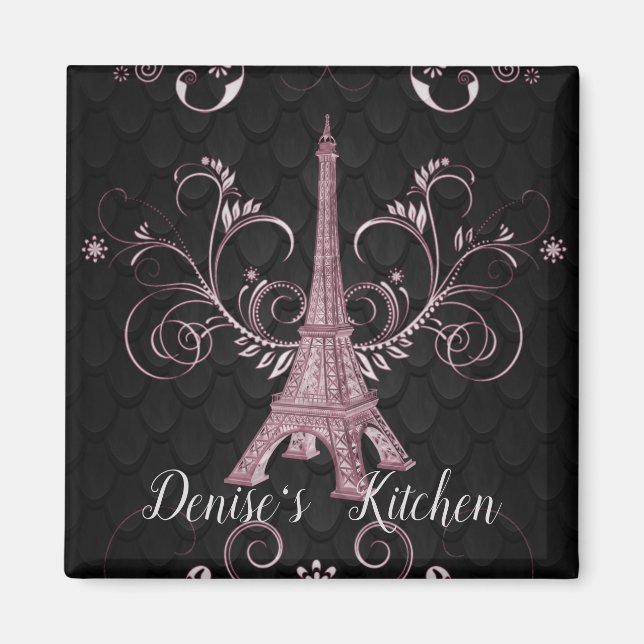 Eiffel Tower Pink Floral Swirls Magnet (Front)