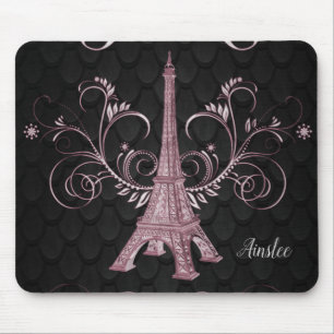 Eiffel Tower Pink Floral Swirls Mouse Pad