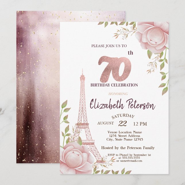 Eiffel Tower Pink Flowers 70th Birthday Invitation (Front/Back)