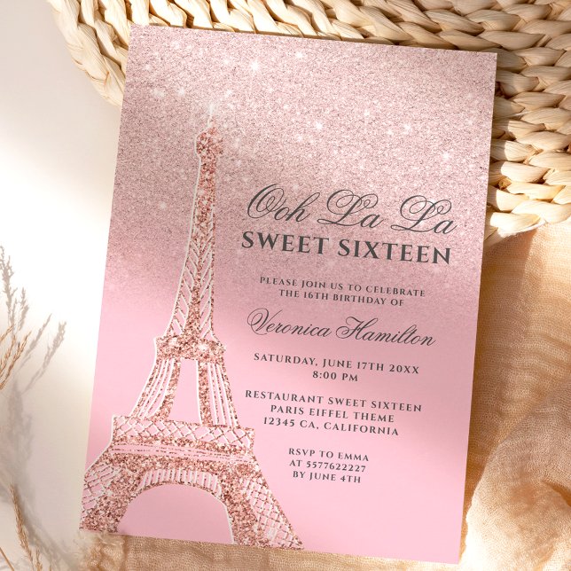 Eiffel tower pink rose gold glitter Sweet 16 Invitation (Creator Uploaded)