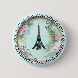 Eiffel Tower Pink Roses and Zebra Print 6 Cm Round Badge