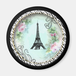 Eiffel Tower Pink Roses and Zebra Print Magnet
