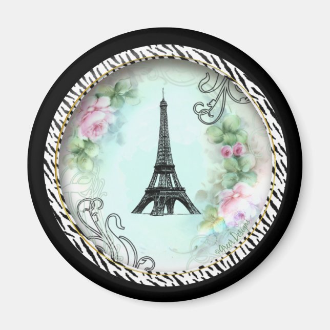 Eiffel Tower Pink Roses and Zebra Print Magnet (Front)