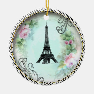 Eiffel Tower Pink Roses Zebra print Ceramic Ornament