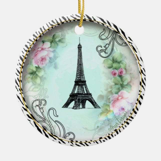 Eiffel Tower Pink Roses Zebra print Ceramic Ornament (Front)