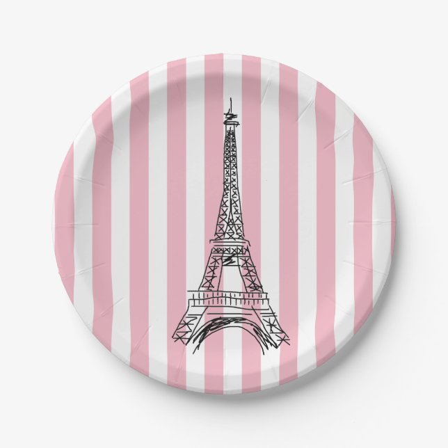 Eiffel Tower Pink Stripe Paper Plates (Front)