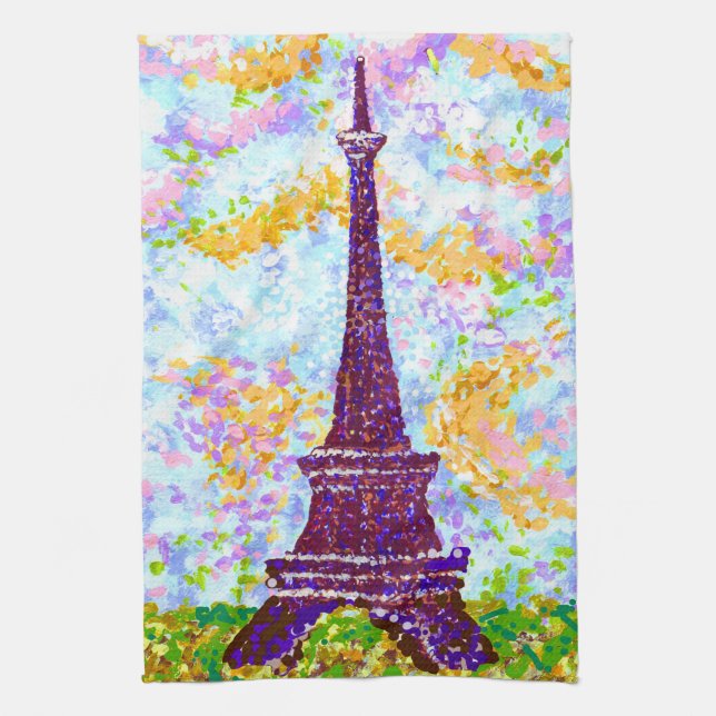 Eiffel Tower Pointillism Spring Landscape Tea Towel (Vertical)
