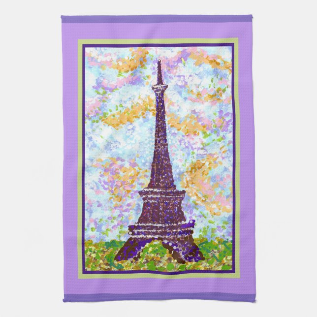 Eiffel Tower Pointillism Spring Landscape Tea Towel (Vertical)