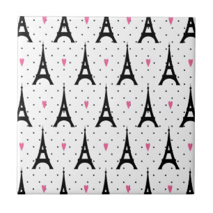 Eiffel Tower Polka Dots & Hearts Pattern Ceramic Tile