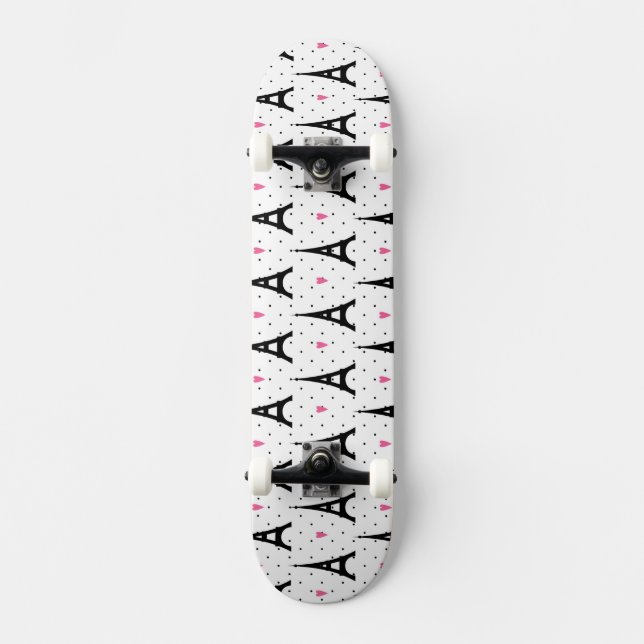 Eiffel Tower Polka Dots & Hearts Pattern Skateboard (Front)