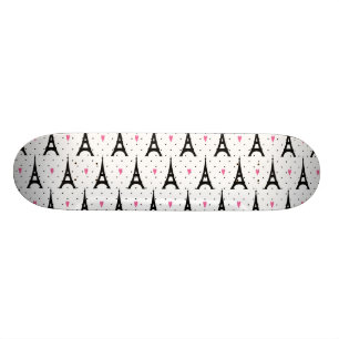 Eiffel Tower Polka Dots & Hearts Pattern Skateboard