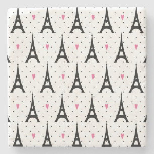 Eiffel Tower Polka Dots & Hearts Pattern Stone Coaster