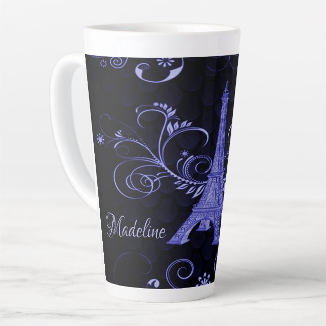 Eiffel Tower Purple Floral Swirls Latte Mug (Left Angle)