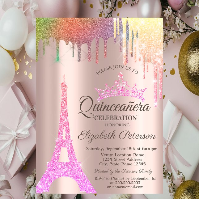  Eiffel Tower,Rainbow Drips Rose Gold Quinceañera Invitation (Creator Uploaded)