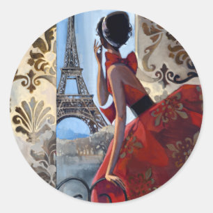 Eiffel Tower, Red Dress, Let's Go Classic Round Sticker