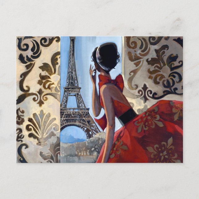 Eiffel Tower, Red Dress, Let's Go Postcard (Front)