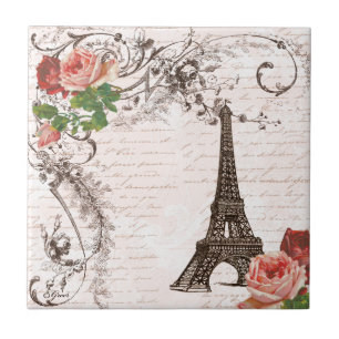 Eiffel Tower Red & Pink Rose Ceramic Tile