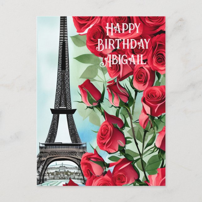 Eiffel Tower Romantic Red Roses Happy Birthday Postcard (Front)