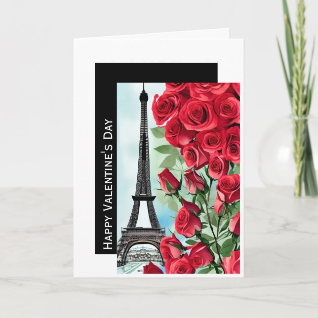 Eiffel Tower Romantic Red Roses Valentine's Day Holiday Card (Front)