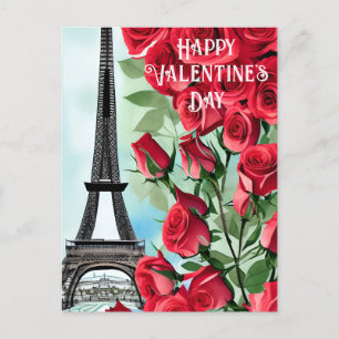 Eiffel Tower Romantic Red Roses Valentine's Day Postcard