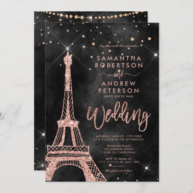 Eiffel tower rose gold glitter black wedding invitation (Front/Back)