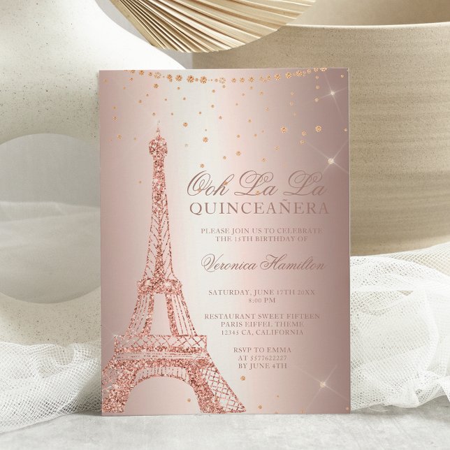 Eiffel tower rose gold metallic foil quinceanera invitation (Creator Uploaded)