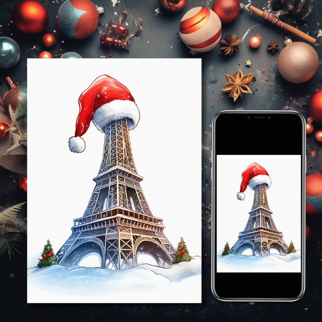 Eiffel Tower, Santa Hat Paris Holiday Christmas Card (Creator Uploaded)